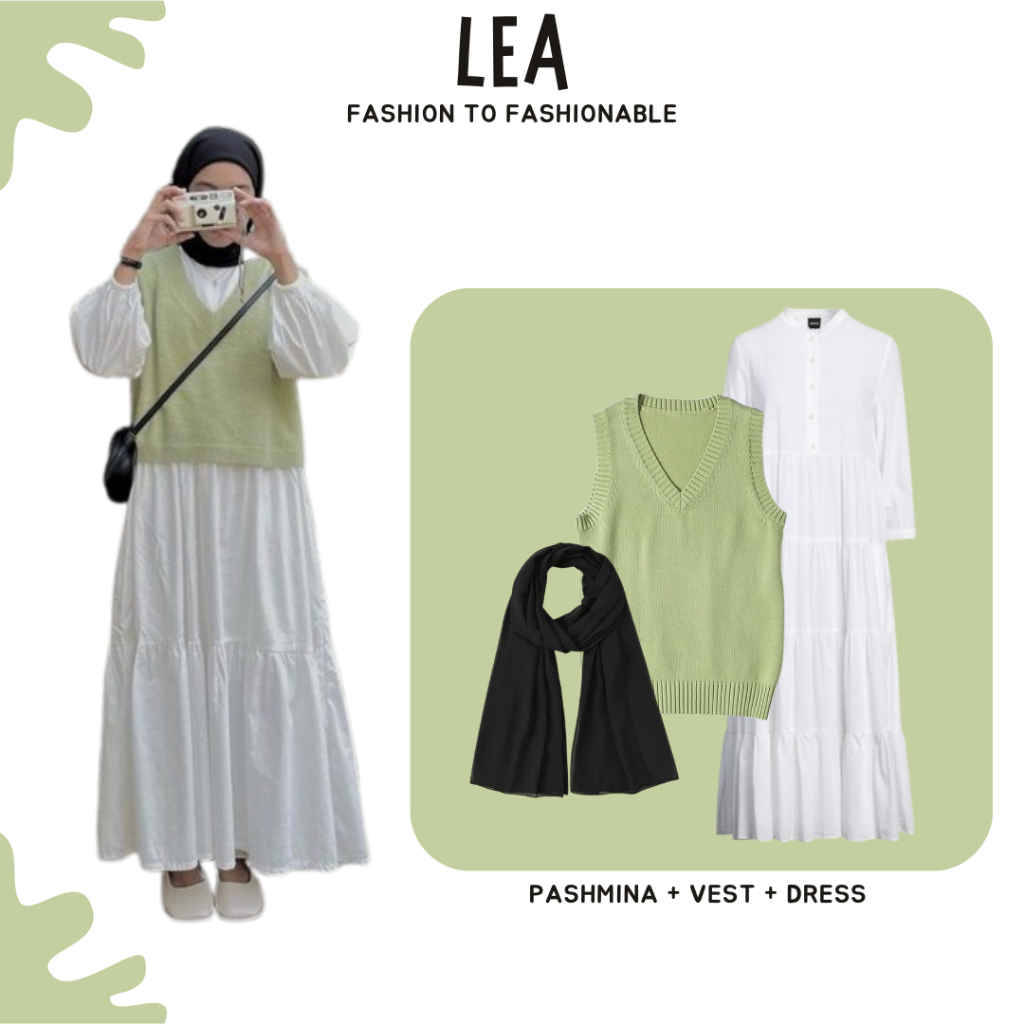 Lea One Set 3in1 ( Inner Gamis Dress Susun Rawis + Outer Rompi Vest Rajut Polos + Pashmina Jersey )