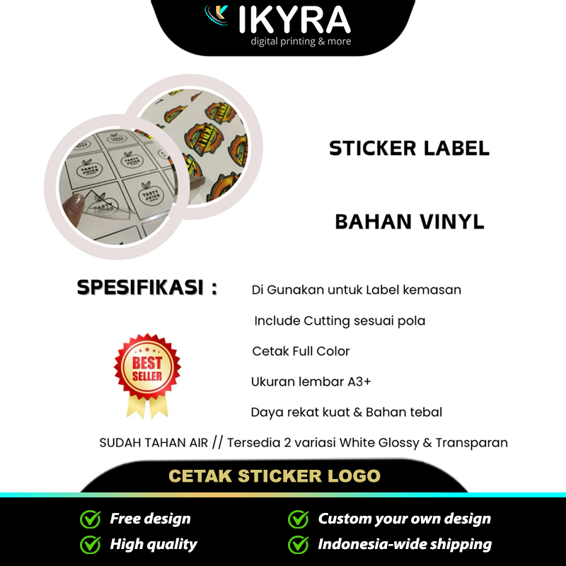 

Cetak Sticker Logo Kemasan Makanan & Minuman Bisa Custom Gambar Bahan Vinyl Anti Air SUDAH Cutting Sesuai Pola