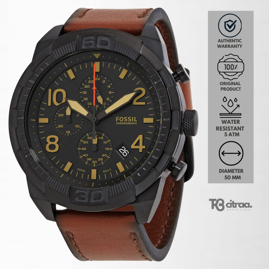 Jam Tangan Pria Fossil Bronson Chronograph Black Dial Brown Leather Strap Sporty Casual Original FS5