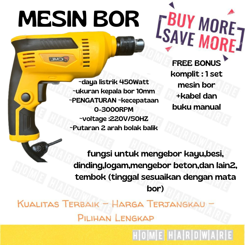 Mesin Bor Listrik Bor Tangan 10MM / Mesin Bor Plus SET FREE Kabel & Buku Manual / Electric Drill BOR