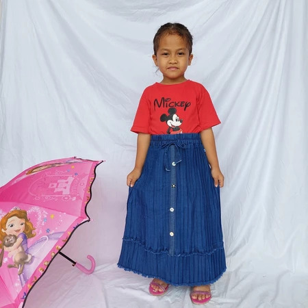 Rok Plisket Jeans Anak Polos Umur 2-7tahun