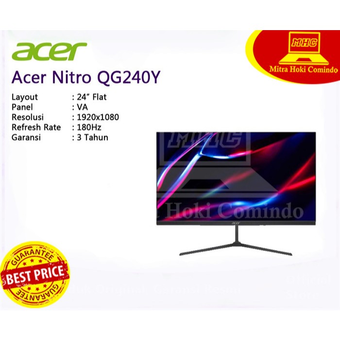 LED MONITOR GAMING ACER 24 INCH NITRO QG240Y S3 24"/FHD/VA/180Hz/1ms/HDMI/DP/FreeSync