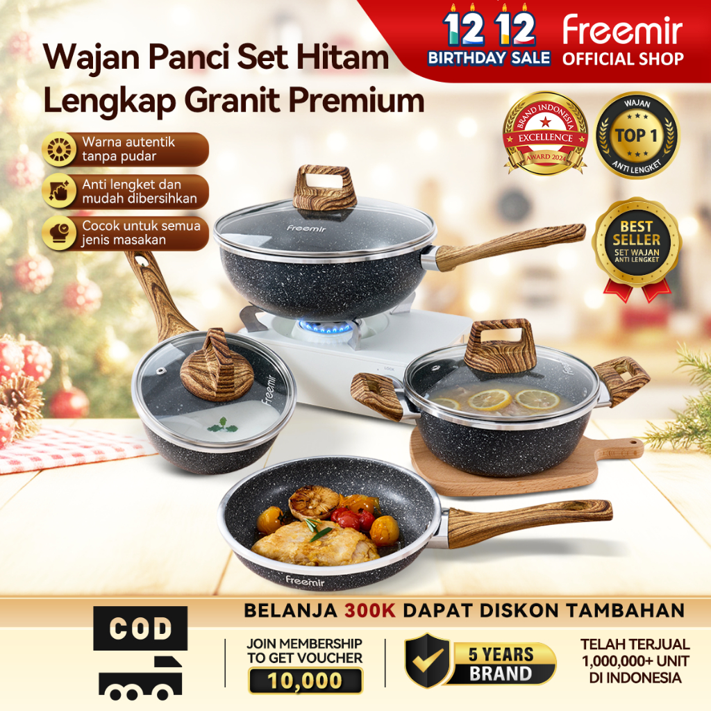 [OFFICIAL MALL] freemir Set 7 Pcs Wajan Panci 26/20/20/16 Cm Anti Lengket Lapisan Granit Alat Masak 