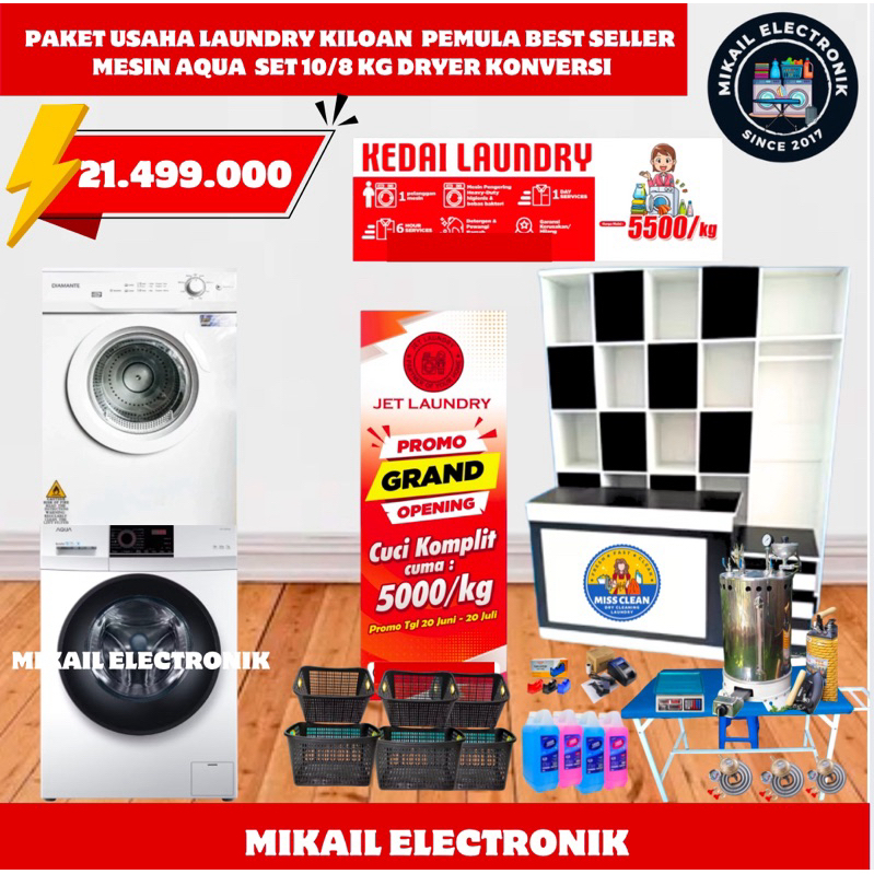 PAKET LAUNDRY KILOAN PEMULA II MESIN CUCI AQUA 8.5 KG DRYER KONVERSI LENGKAP RAK MEJA KASIR LAUNDRY