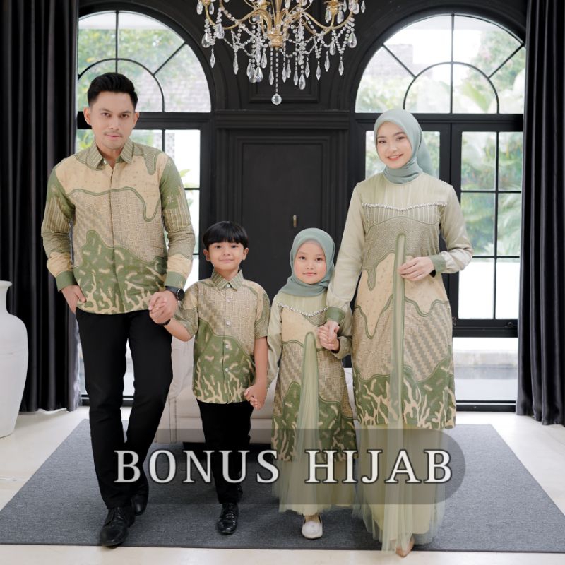 BATIKRMSTORE - COUPLE SARIMBIT KELUARGA RAHAYU SAGE COUPLE BAJU LEBARAN AYAH IBU DAN ANAK SIZE S-XXL