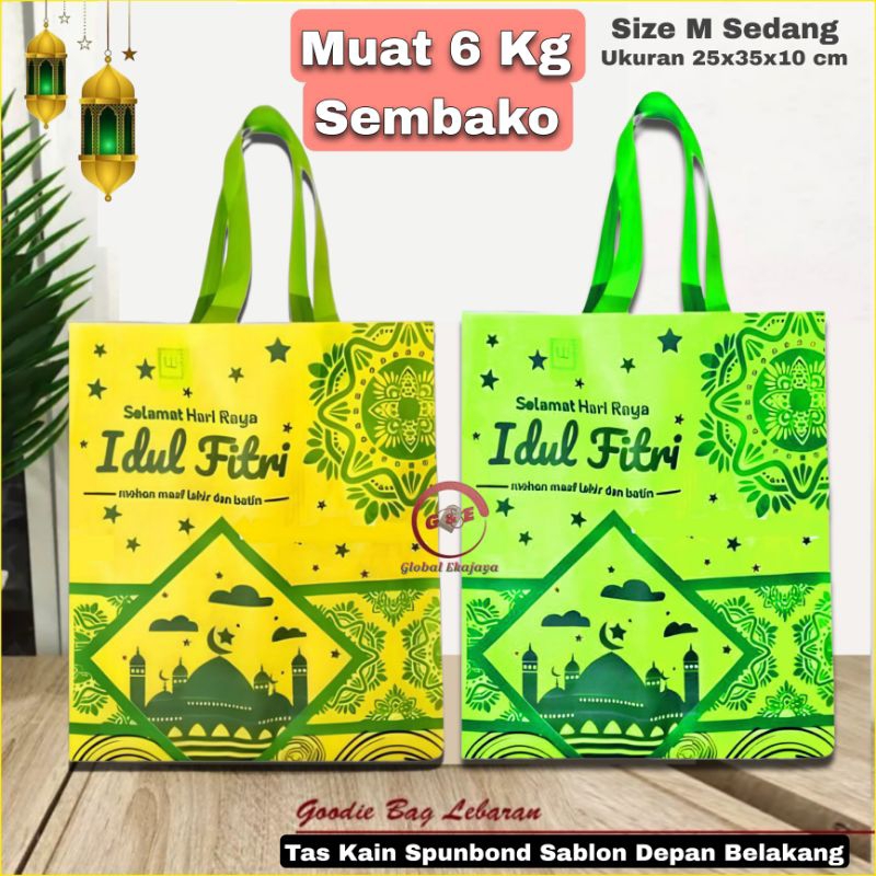 

Tas Kain Spunbond Goodie Bag Lebaran Idul Fitri 2025 Ukuran 25x35x10 cm Muat 6 kilogram Hampers THR
