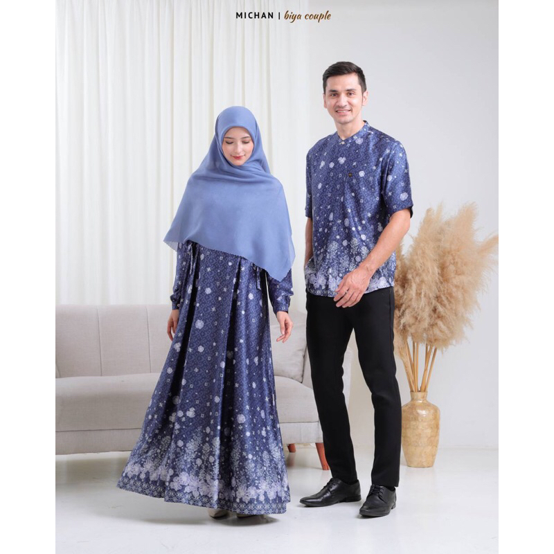 Couple Sarimbit Biya Navy Michan Gamis Dress Batik Kekinian