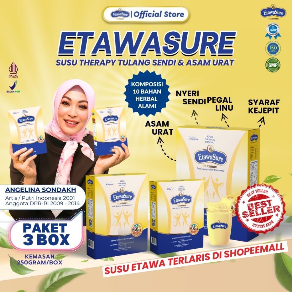 

Etawasure Susu Etawa 10 Bahan herbal alami Rasa Jahe - Untuk keluhan Nyeri sendi, Asam urat, Syaraf Kejepit, Pegal linu dan Imunitas Kemasan 250gram box Paket 3 Box