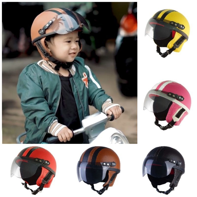 Helm Anak Protec/Helm Motor Anak Pororo Retro Usia 2-7 Tahun Coklat Hitam