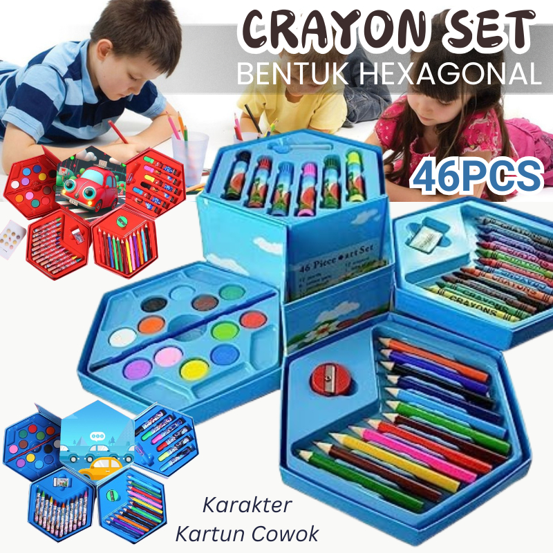 

Crayon Set Karakter 46PCS Box Hexagonal Motif Cowok Portable Pensil Warna Spidol Gambar Mewarnai Krayon Motif Cover RANDOM
