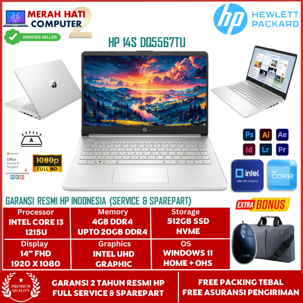 Laptop Murah Hp 14s DQ5567TU Ram 20GB 512GB Ssd UHD Graphic 14Inch FHD Windows 11 Home OHS