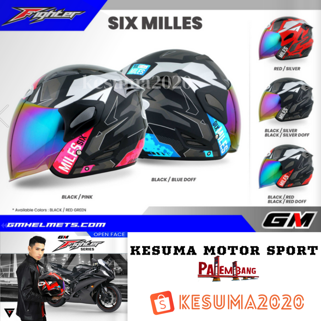 Helm GM Half Face Fighter Motif Six Milles Original 100% Ukuran L & M Sertifikasi SNI