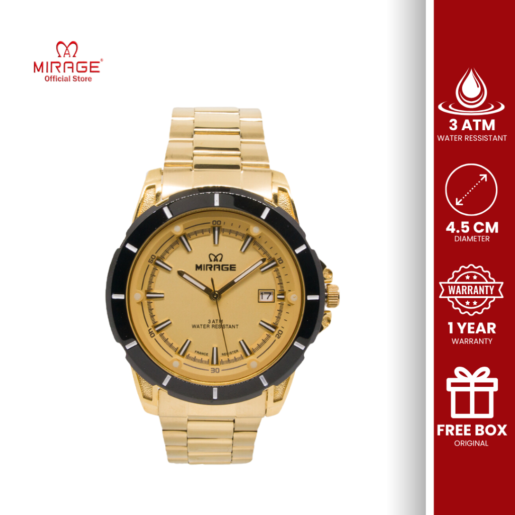 Mirage Original Jam Tangan Pria Tahan Air Garansi 1 Tahun Stainless Gold Mewah 8713 M Tanggal Aktif