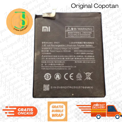 Baterai BN31 / MI A1 / Xiaomi MiA1 / MI5x Redmi S2 / Redmi Note 5A / Redmi Note 5 Prime BN31 Copotan