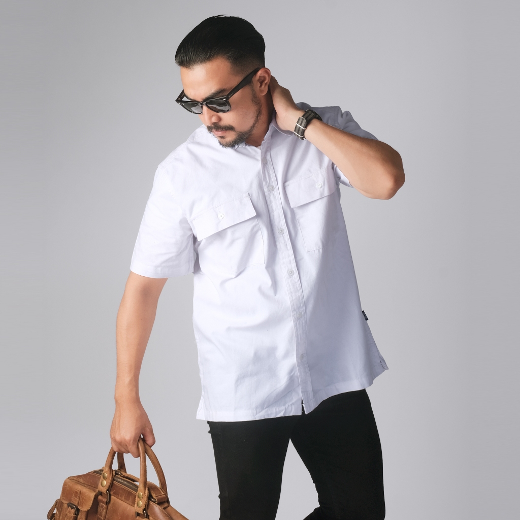DGM Kemeja Polos Putih Double Pocket Pendek Katun twill 30s Premium Workshirt Kemeja Kerja Putih 269