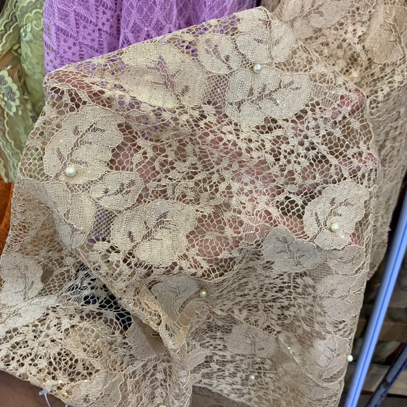 kain brukat lace premium - kain brokat import - kain brokat glitter - [CREAM CHOCO]