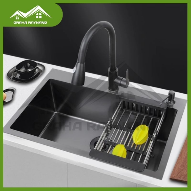 Paket Kitchen Sink 1 Lubang Black Edition | Ukuran 65 cm × 45 cm