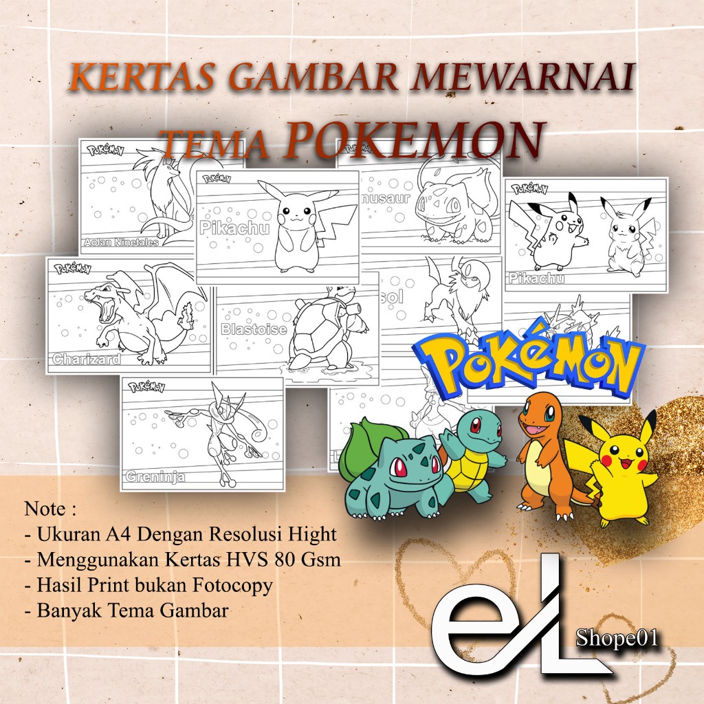 

15 - 50 Lembar Gambar Mewarnai Tema POKEMON