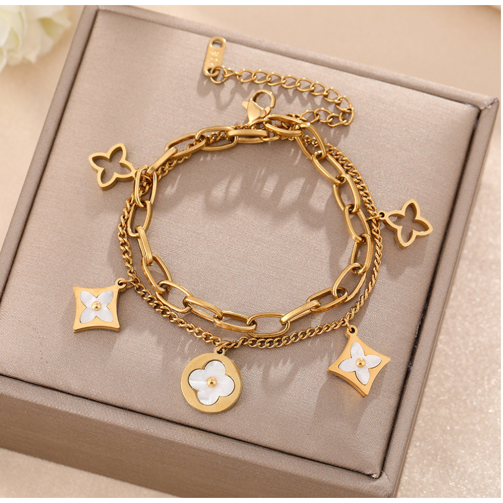 MAUVE Gelang LV Titanium Korea Wanita Gelang Tangan Clover Kristal Berlian Gelang Perhiasan Mewah