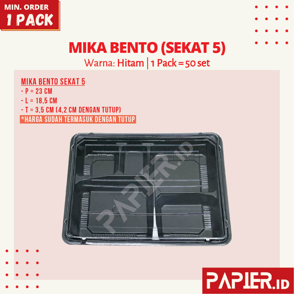 Mika Bento Plastik Sekat 5 Plastik Warna Hitam - Box Catering Kotak Nasi Makanan