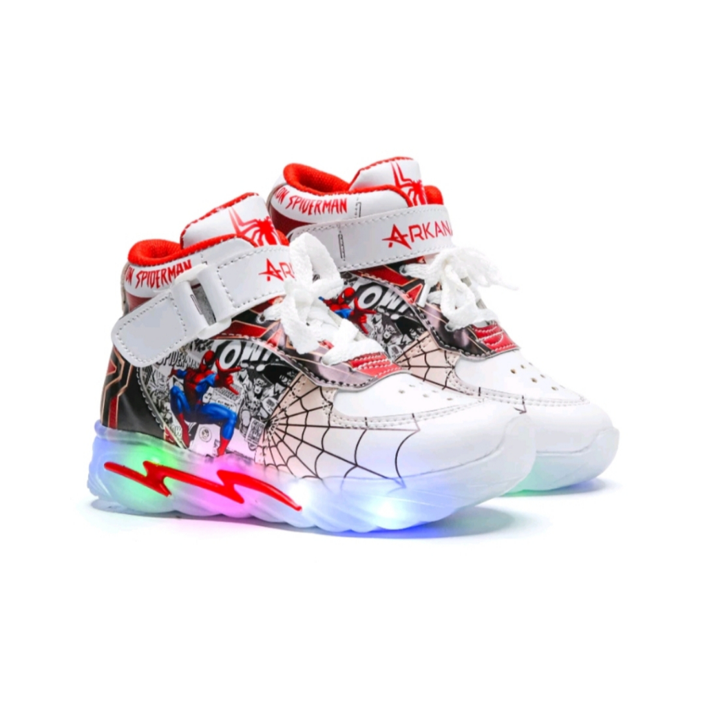 Sepatu Boot LED Spiderman Fashion Anak Laki-Laki Keren 3-7 Tahun/ Sepatu Boot Velkro Spider Lampu Ny