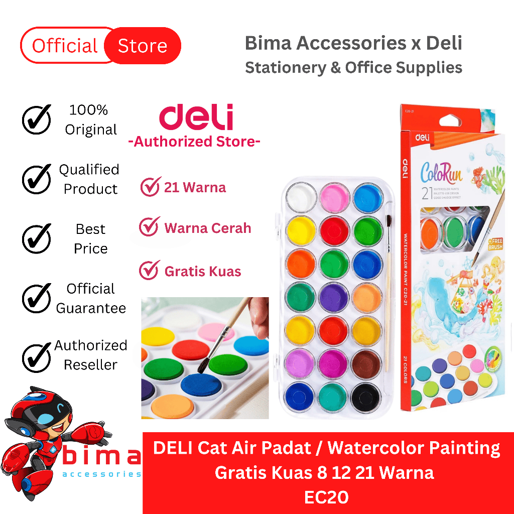 

DELI Cat Air Lukis Padat Anak Set Lengkap + Kuas + Tempat 8 12 21 Warna Watercolor Painting EC20