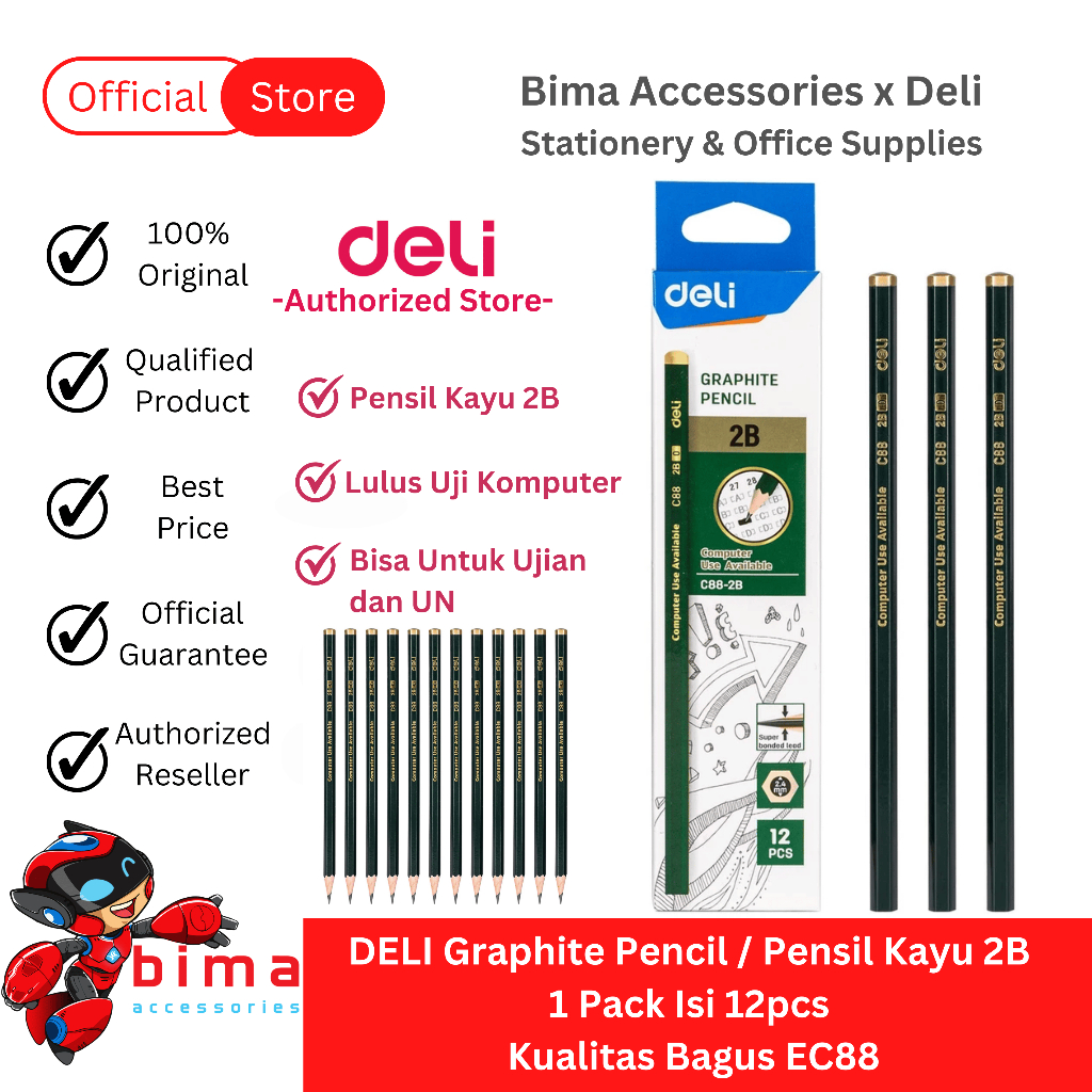 

DELI Pensil 2B Tulis Kayu Hitam 1 Pack Isi 12 pcs Bisa Untuk Ujian UN Graphite Pencil EC88
