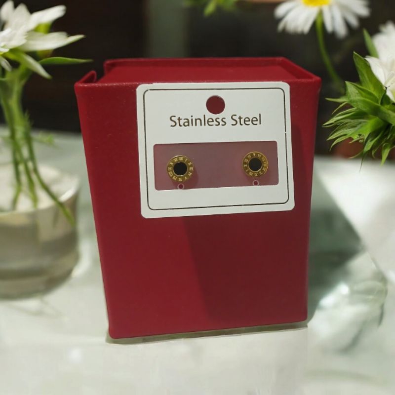 anting tusuk titanium motif bulat hitam [10] angka romawi fashion elegan wanita kekinian