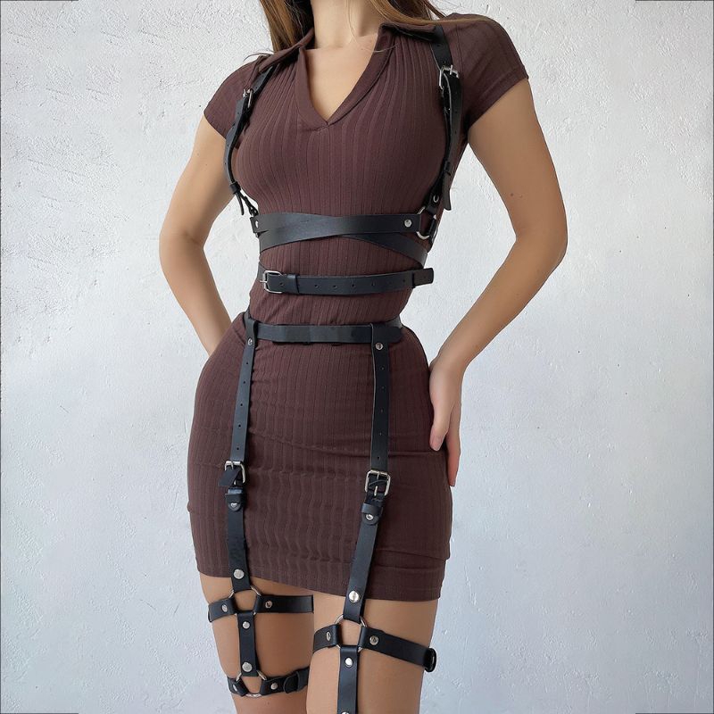 Women Fashionable Harness Belt Set Leather Imitation Harness Waist Belt Body Harness Breast Leg Gart