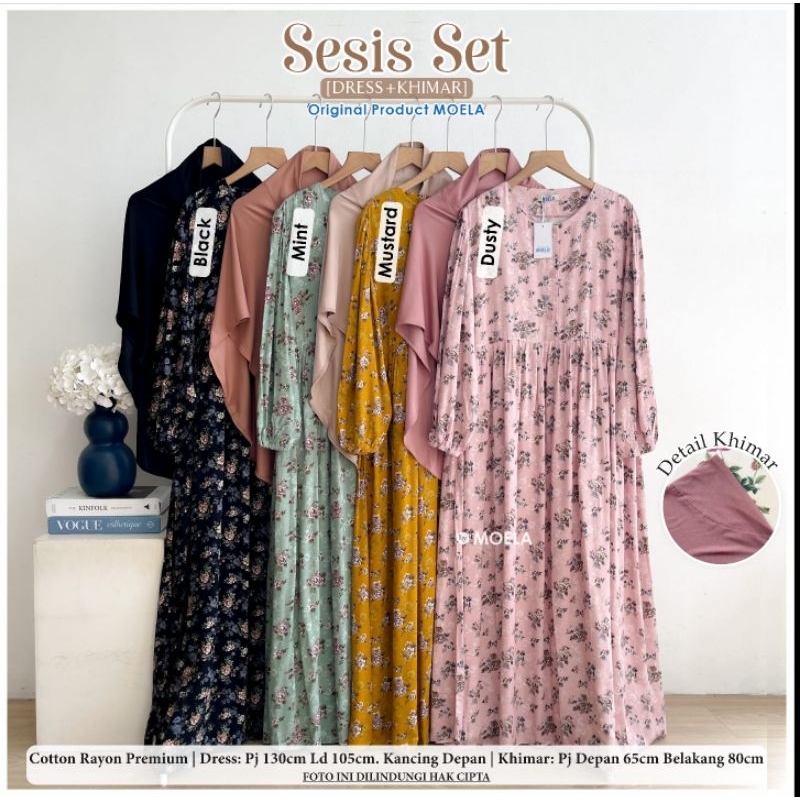 Gamis Dress Motif Set Hijab Moela Berlabel Original Jumbo Zipper Kancing Depan Motif Rayon Premium P