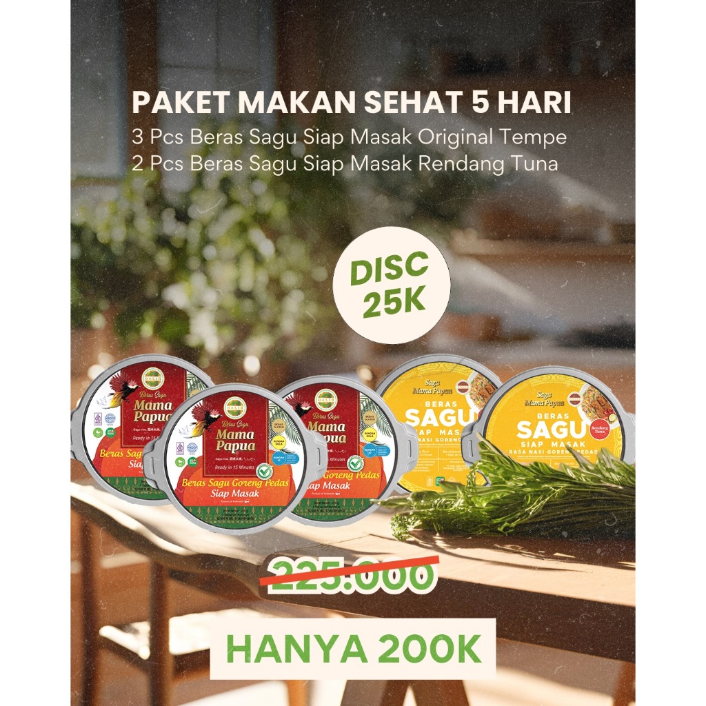 

Paket Makan Sehat 5 Hari (Beras Sagu Siap Masak Tempe 3 Pcs + Tuna 2 Pcs)