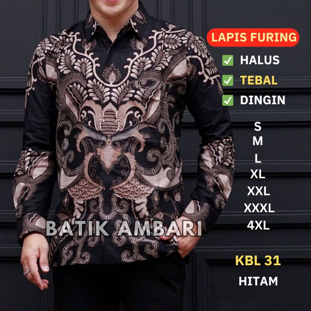 Kemeja Batik Pria LAPIS FURING Lengan Panjang STANDAR JUMBO XXXL 4XL Hitam Batik Ambari KBL 31