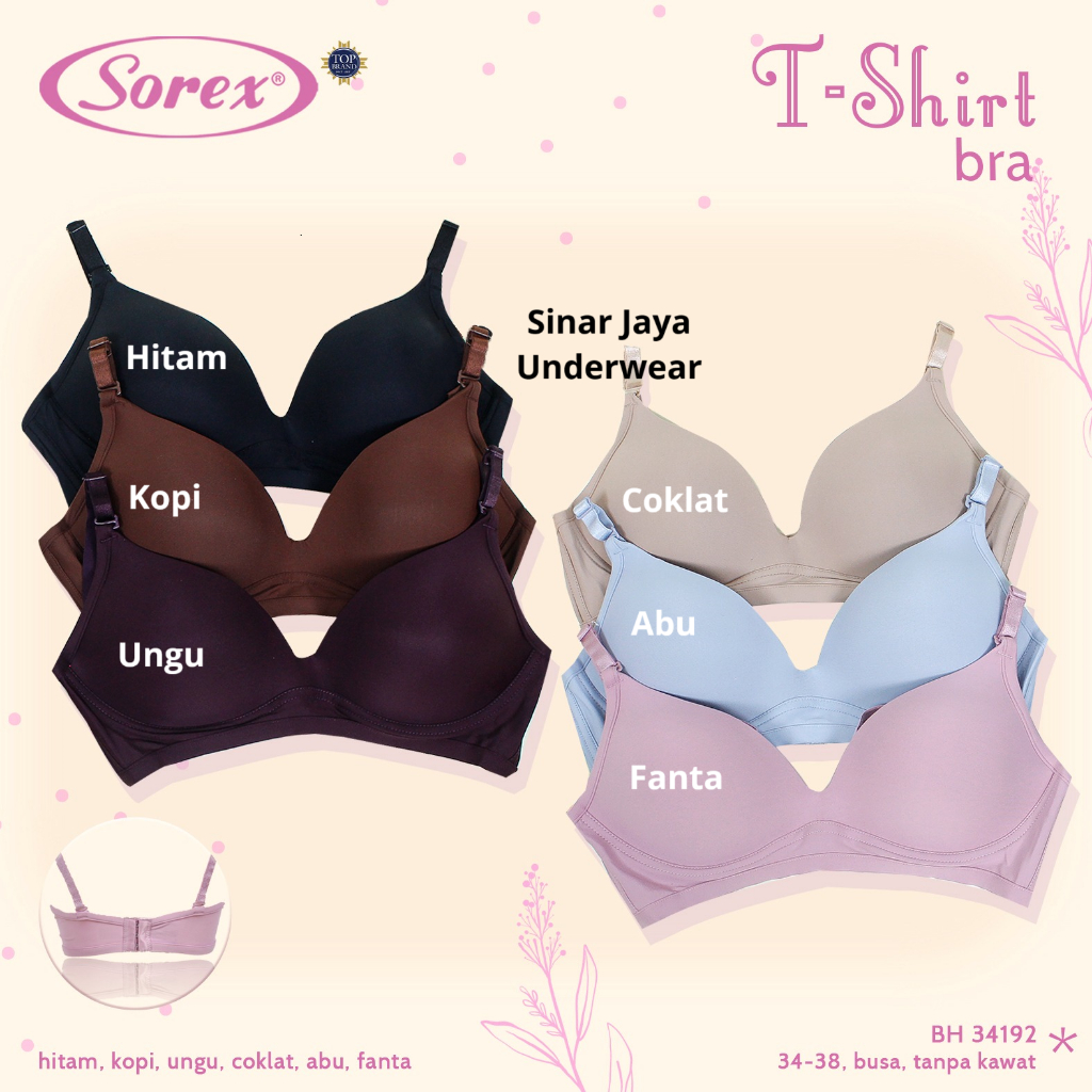Sorex - T-Shirt Bra Sorex 34192 (Bahan Nilon Mix Lembut, Tanpa Kawat, Busa Tipis, Cup A-B, Kait 3)