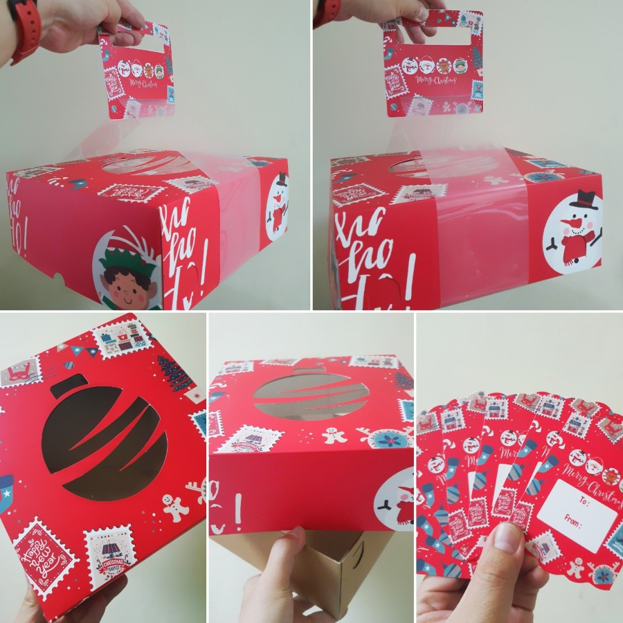 

( 5 Pcs ) Box Packaging Brownies Kotak Natal Dus Hampers Lapis Legit Motif Christmas Ball Ukuran 25x25x10cm