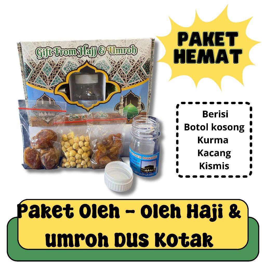 

OLEH OLEH HAJI DAN UMROH PAKET SUPER HEMAT KEMASAN DUS TALI ISI KURMA KACANG KISMIS BOTOL KOSONG ZAMZAM I HAMPERS OLEH OLEH HAJI DAN UMROH I SOUVENIR