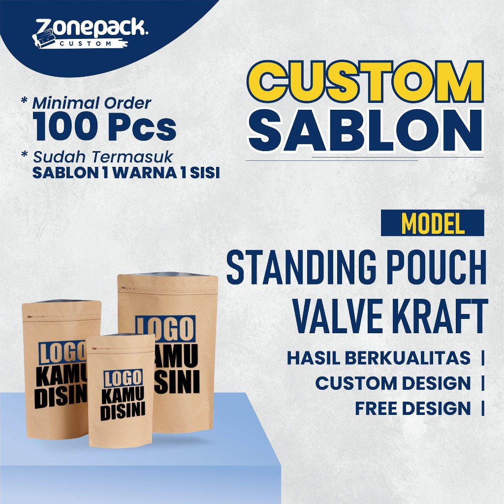 Sablon Standing Pouch Craft Foil Valve Warna Coklat | Custom / Free Desain Kemasan Kopi Premium Pack