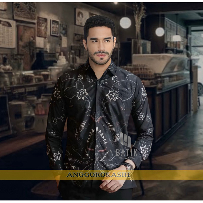 Kemeja Batik Hitam Slimfit Pria Lengan Panjang Modern