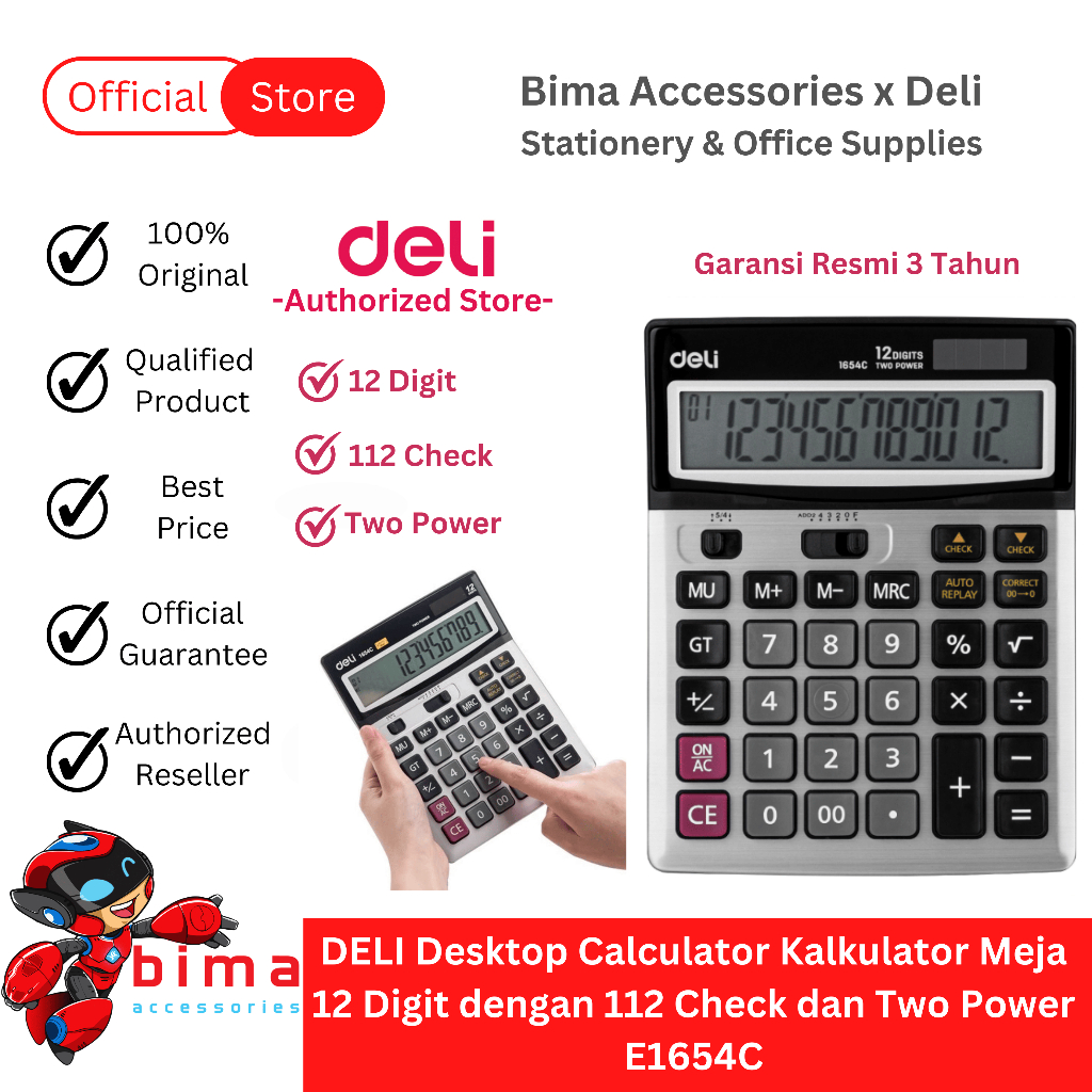 

DELI Kalkulator Calculator 12 Digit Besar Kecil Layar Lengkap 112 Check Power Surya & Baterai E1654C