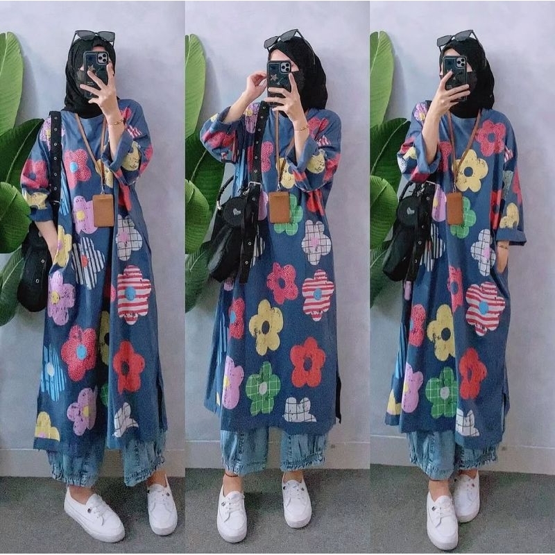Bunga long tunik warna biru denim atasan tunic panjang wanita muslimah bahan kaos combed premium uku