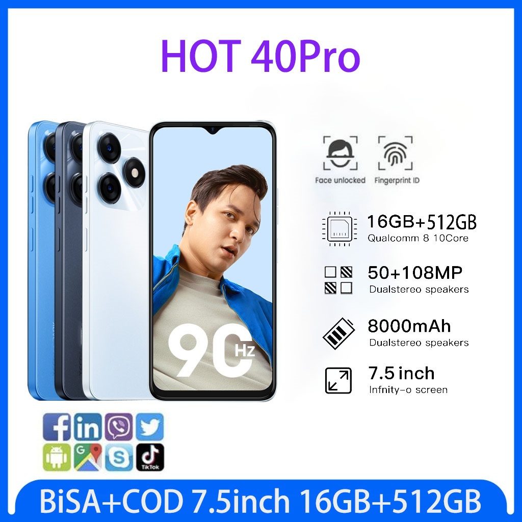 [Bisa+COD] hot 40 pro 16GB+512GB HD Handphone android7000mAh 5G HP murah Smartphone 7.5inci Dual Car