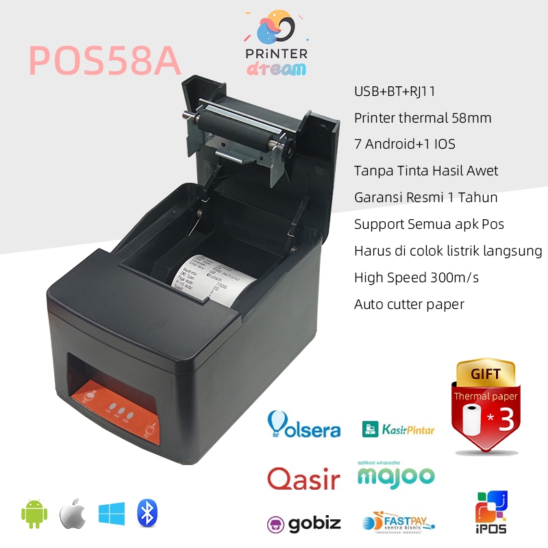 Printer Thermal Bluetooth otomatis cut kertas Desktop 58mm, Printer termal 58mm kertas tanda terima