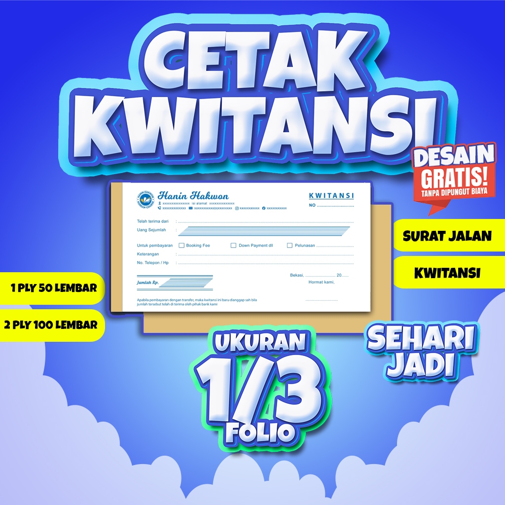 

Cetak kwitansi custom 2 ply 1/3 folio satuan isi 100 lembar