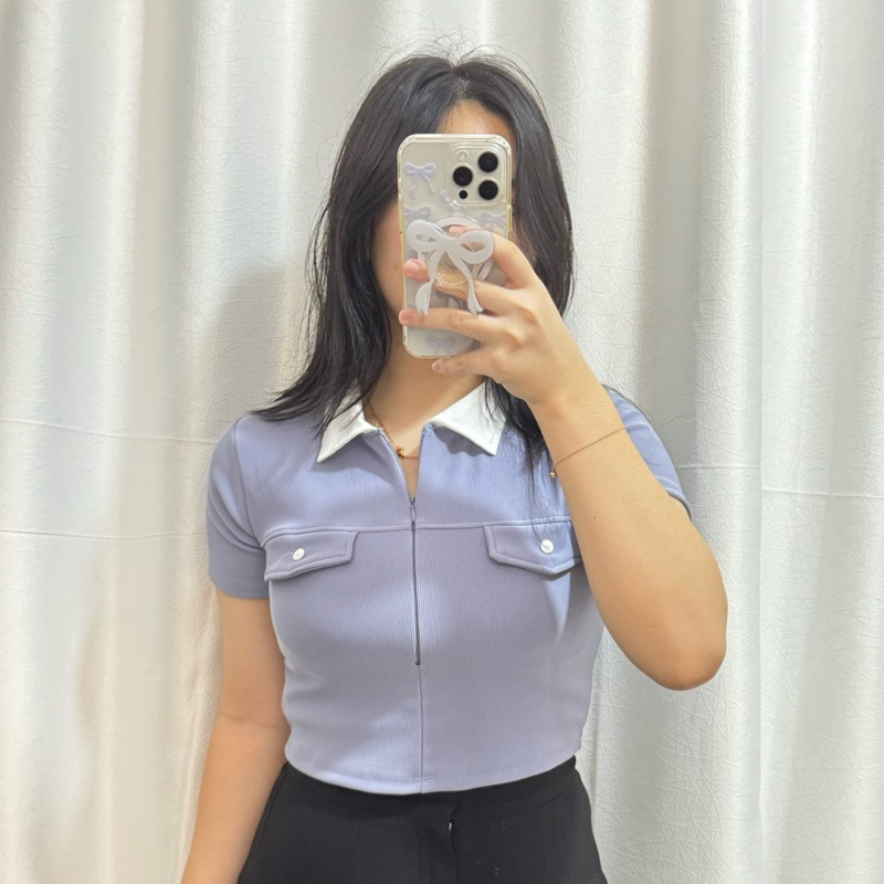 ELIZHA Nayla Top - Atasan Wanita Crop - Crop Top Wanita - Atasan Berkerah - Baju Resleting Wanita