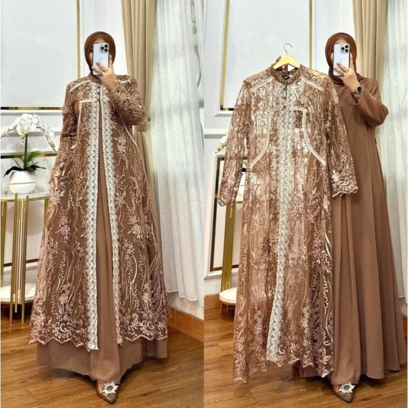 Gamis Set Outer Iner Brukat Renda Mocca Mewah Terbaru Fashion Muslim Perempuan Dress Pesta Wanita