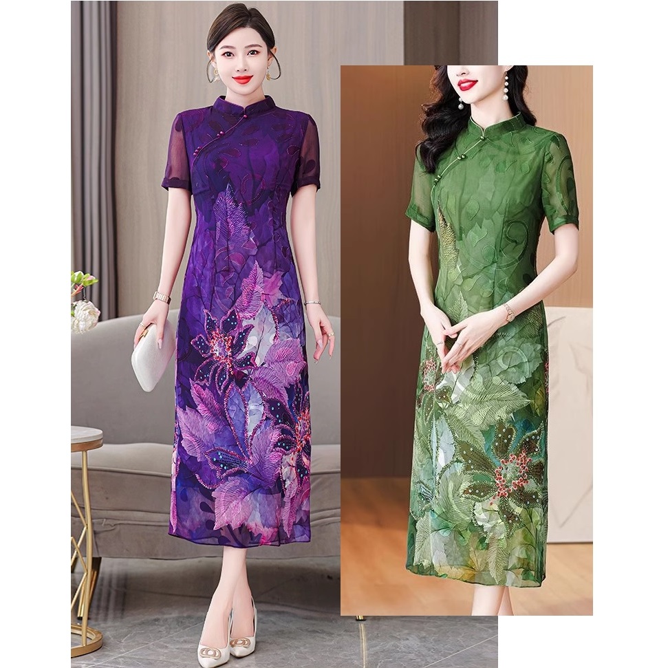 Gaun Pesta D24044 Cheongsam Ungu Hijau Lengan Pendek Party Dress