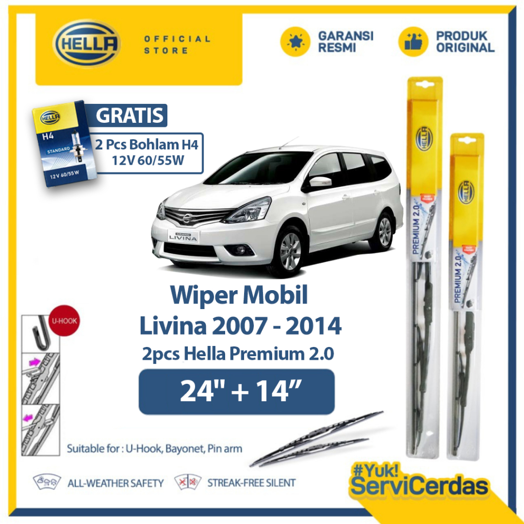 Wiper Mobil HELLA Premium 2.0 NISSAN Livina 24” + 14” (2pcs) - Gratis Bohlam Mobil H4 12V 60/55W