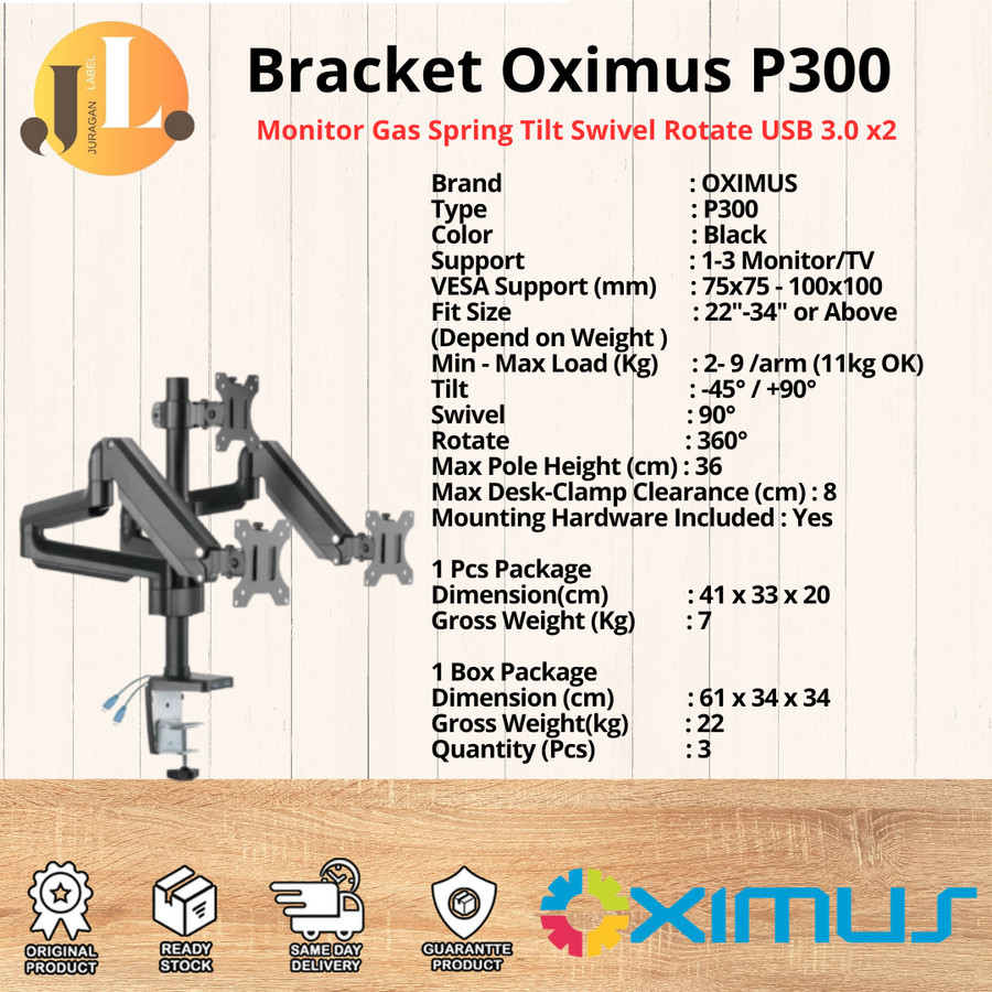 Bracket Oximus P300 Monitor Gas Spring Tilt Swivel Rotate USB 3.0 x2