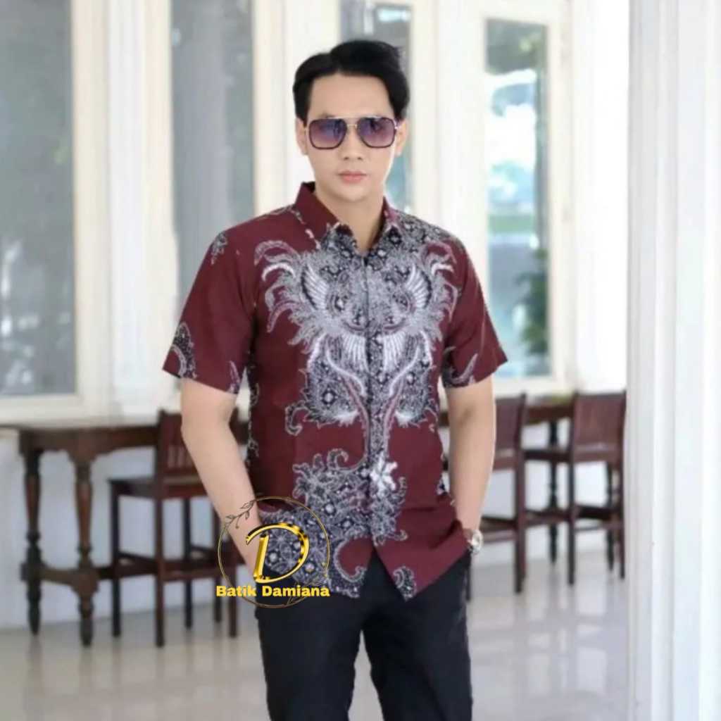 Batik Damiana Kemeja Batik Pria Lengan Pendek Size M L XL XXL Rahwana Merah Maroon