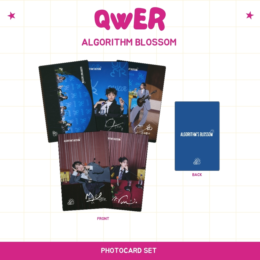 PHOTOCARD QWER ALGORITHM BLOSSOM 2SISI (ISI 5 PCS + LAMINASI 2 SISI) TANDA TANGAN TTD KPOP CARDS IDO
