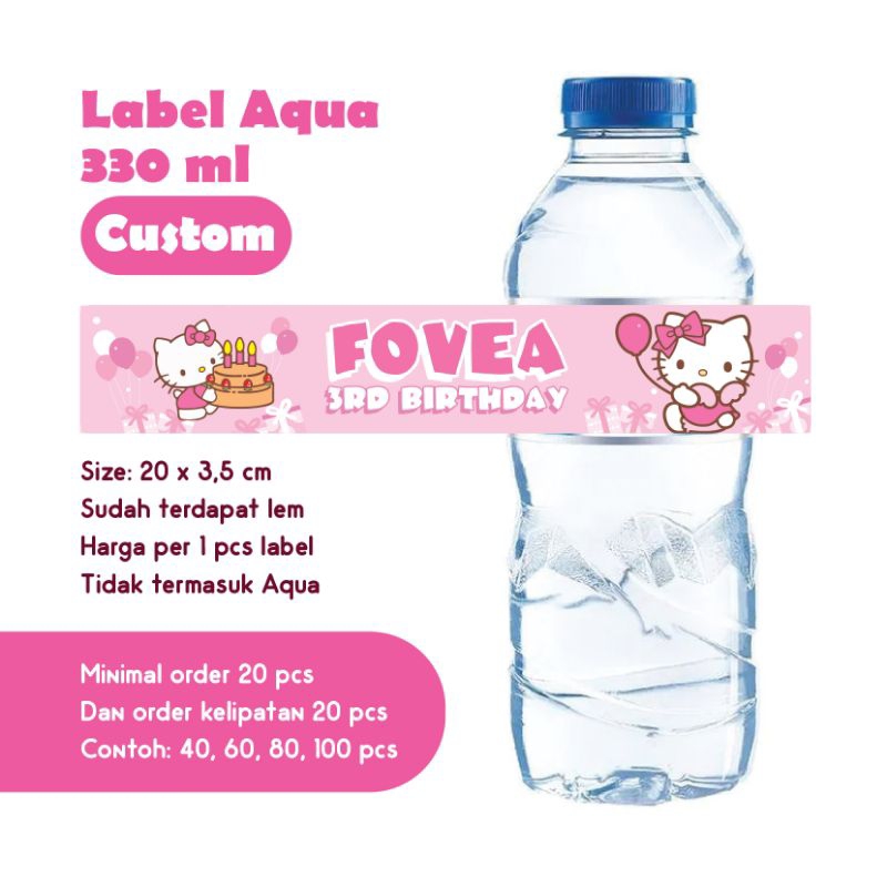 

LABEL AQUA 330 ML HELLO KITTY SANRIO CUSTOM NAMA HAPPY BIRTHDAY HIASAN DEKORASI ULTAH PESTA UCAPAN KERTAS GAMBAR STIKER TEMPELAN
